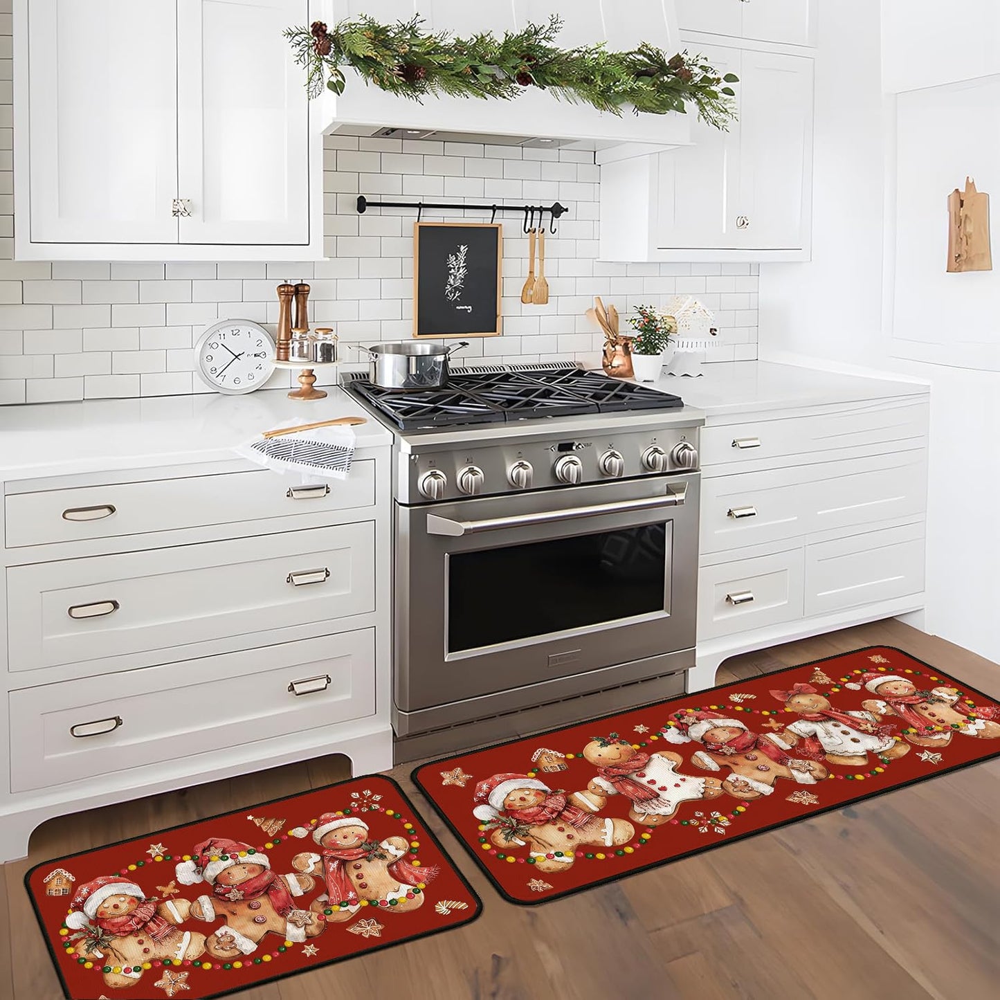 Christmas Kitchen Mats for Floor, Gingerbread Kitchen Rugs Sets of 2,Red Xmas Non-Slip Washable Kitchen Decor Floor Rug Home Decoration Doormat 17"x30"+17"x47"