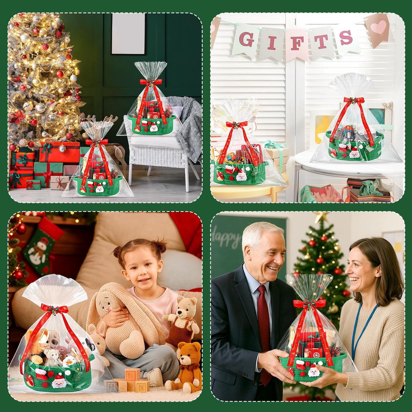 Funnymoom 3 Set Christmas Gift Basket Empty Small Woven Basket with Gift Bag Bow Ribbon Xmas Card 12" x 8" x 5" Cotton Rope Storage Bin with Handle for Christmas Holiday Decoration(Green,Classic)