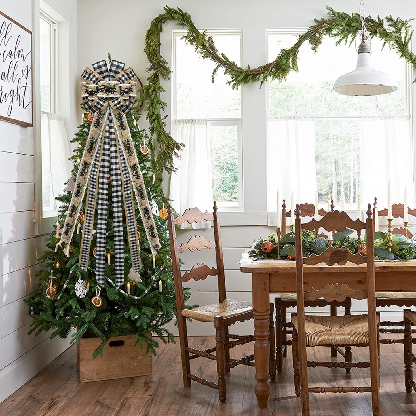 GOGOSY Christmas Tree Topper Bow,48''x 13'' Large Buffalo Plaid Truck Wreath Bows Handmade Xmas Ornaments with Long Burlap Wired Edge Ribbon for Farmhouse Christmas Decoration(Black and White Plaid)