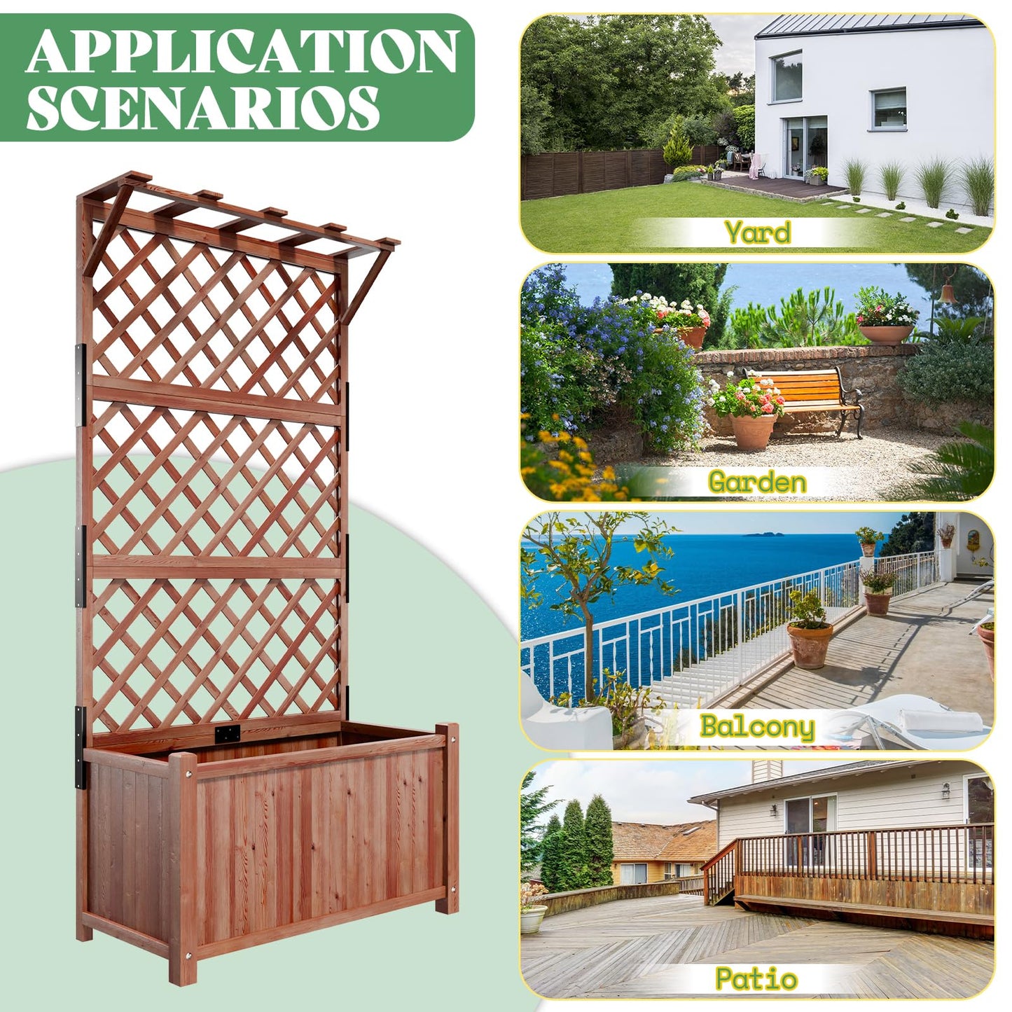 AMERLIFE 2 Pack Raised Garden Bed with Trellis for Vegetables, Climbing Plants, Durable Natural Wood Planter Box with Drainage Holes, Privacy Planter for Outdoor Yard & Patio, Easy Assembly