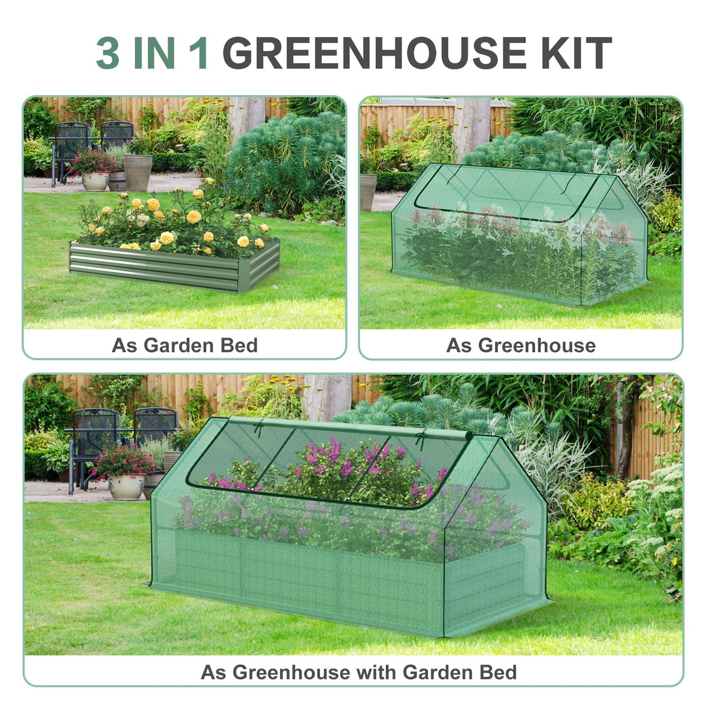 Aoodor 6 x 3 x 3 ft Raised Garden Bed with Mini Greenhouse Kit, Metal Planter Box with 2 Roll-Up Zipper Doors for Vegetables, Herbs, and Flowers