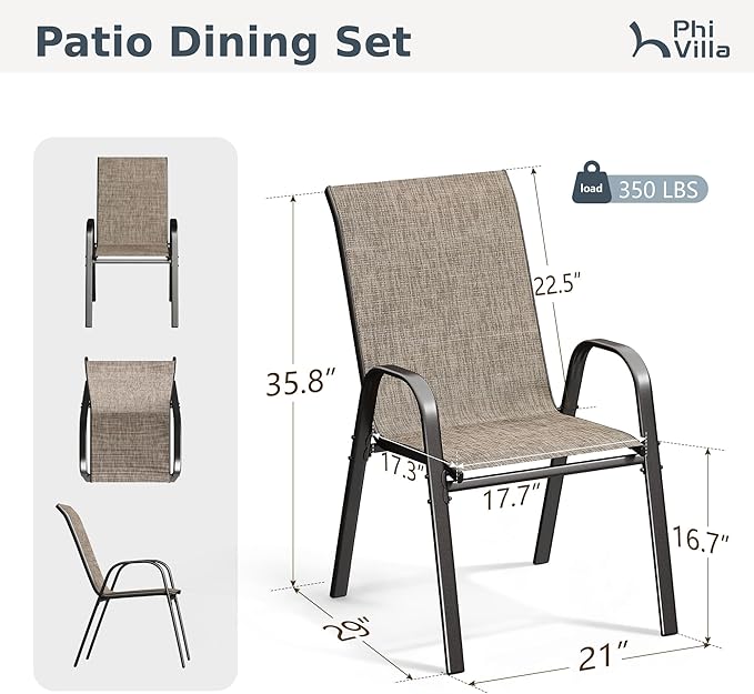 PHI VILLA Patio Chairs Set of 6, Outdoor Stackable Dining Chairs with E-Coating Metal Frame and Upgraded Textilene Fabric, All Weather Deck Chair 350 LBS Capacity for Porch Poolside Garden
