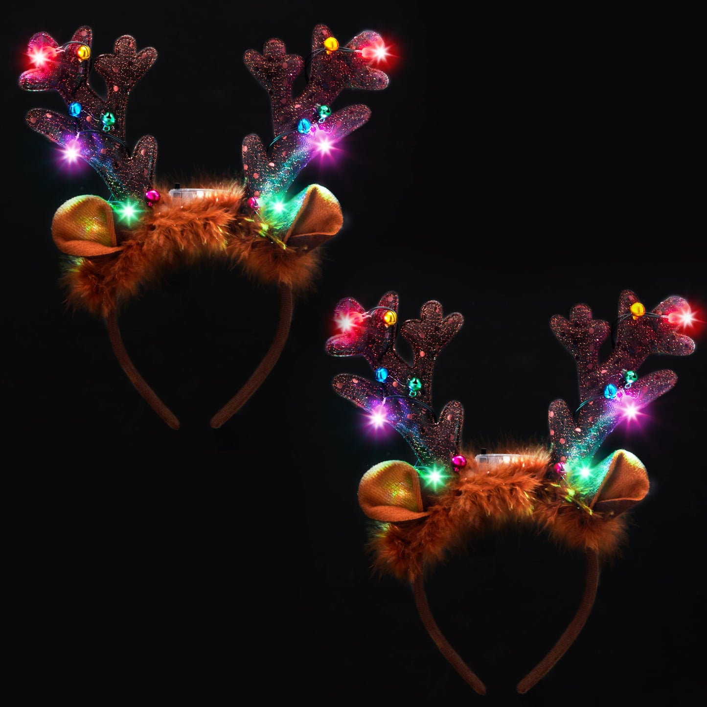 JOYIN Christmas 2PCS Reindeer Headband, Light-Up LED Antlers Reindeer Hat Holiday Headbands for Christmas Party Supplies and Holiday Parties Favors (ONE SIZE FITS ALL)