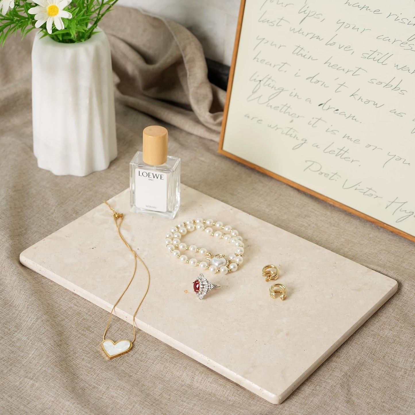 Koville Natural Travertine Marble Cutting Board for Kitchen Counter, 12" x 8" Real Stone Slab Marble Cheese Board for Home Decor, Stone Pastry Boards Bathroom Perfume Tray Candle Plate