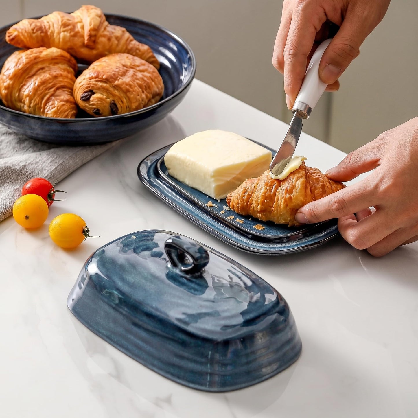 Hasense Ceramic Butter Dish and Spoon Rest, Salt and Pepper Shakers 4 in 1 Set, 7.3 Inch Butter Dish with Lid and 8.7 Inch Spoon Holder for Stove Top, 2.2 Inch Salt Shakers for Kitchen Cooking, Blue