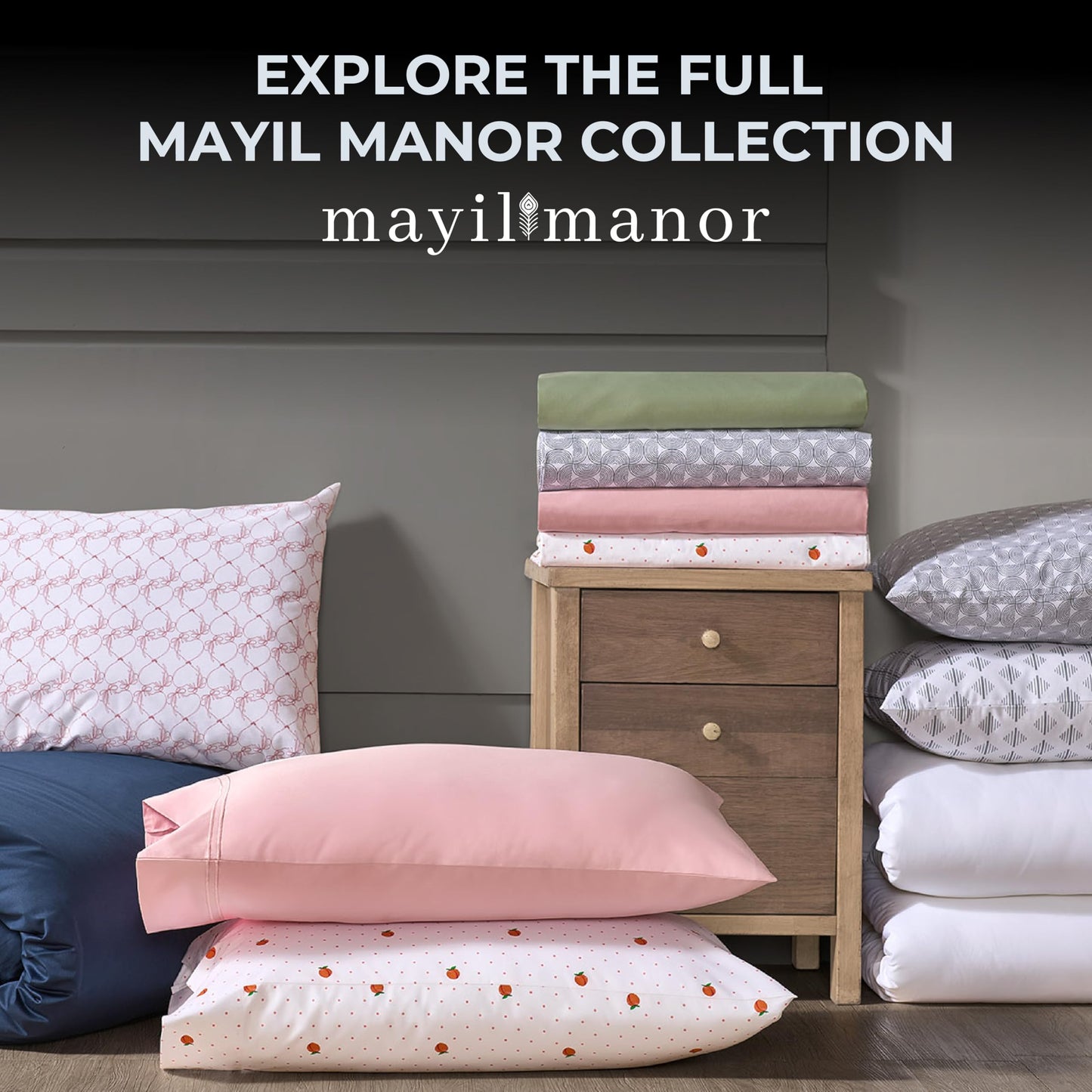 Mayil Manor Queen Size Fitted Sheet with 18" Deep Pockets, No Flat - Percale Weave Natural - Breathable 100% Cotton Printed Bedding, 1 Fitted Sheet + 2 Pillowcases - Semi Circle Print