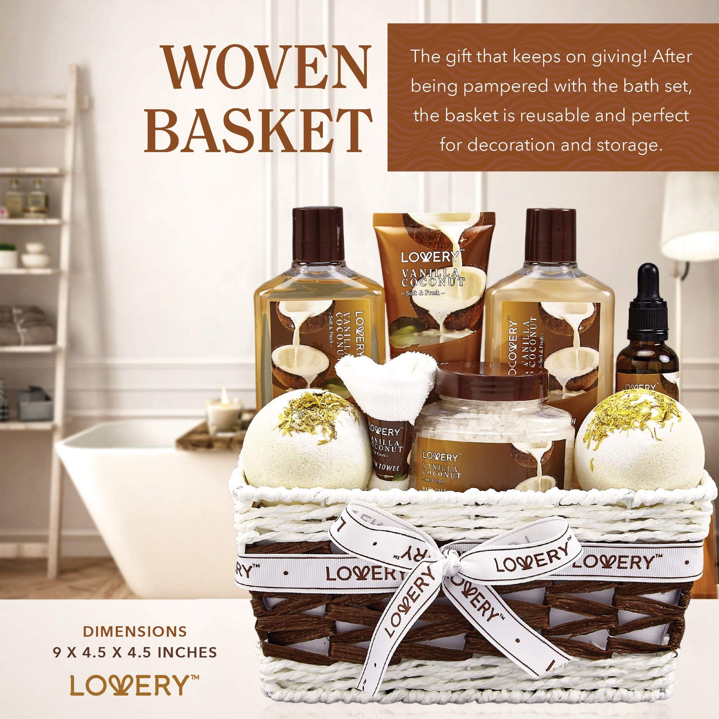 Gifts For Women Gift Basket for Womenโ 9 Piece Set of Vanilla Coconut Home Spa Set, Includes Fragrant Lotions, Extra Large Bath Bombs, Coconut Oil, Luxurious Bath Towel & More