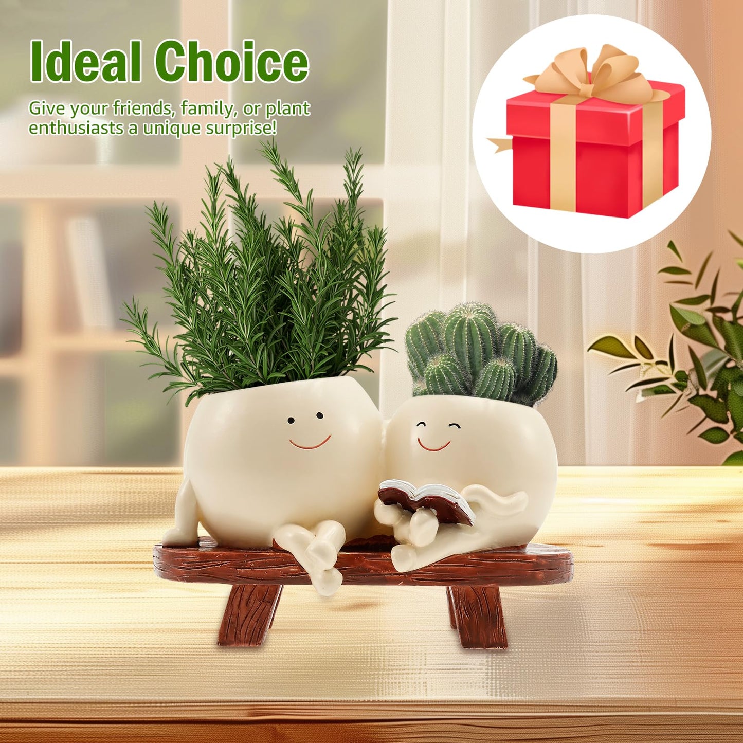 SYKUIHSG Smily Face Planter Pot, Cute Resin Flower Double Head for Indoor Outdoor, Creative Succulents Plantings Flower Pot with Drainage Hole, Present Ideal for Mother, Friend