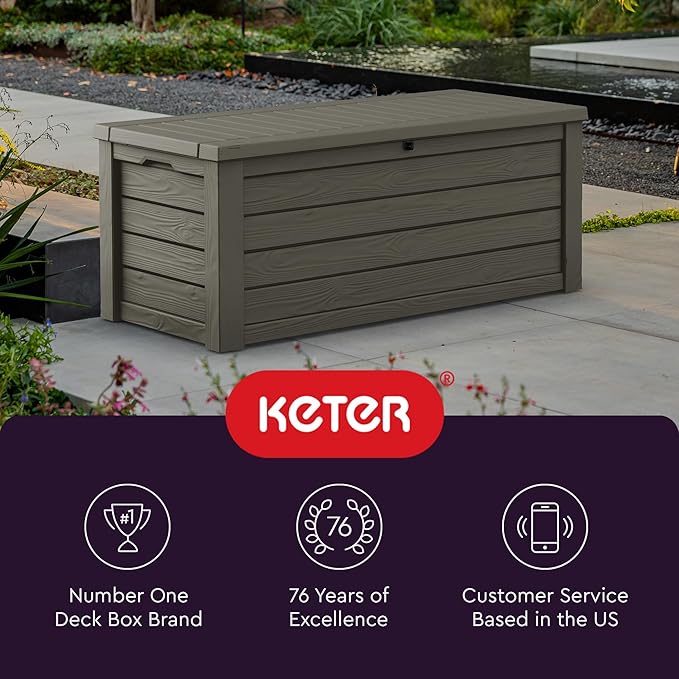 Keter Westwood 150 Gallon Resin Large Outdoor Storage Box for Patio Furniture, Outdoor Cushions, Garden Tools and Pool Floats, Taupe