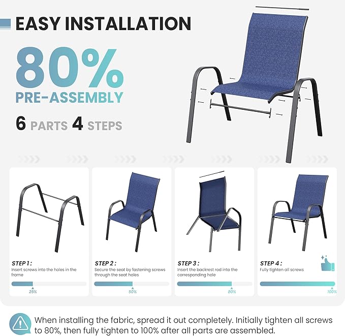 Patio Dining Chairs Set of 8, Outdoor High Stacking Chairs,Breathable Seat Fabric and Alloy Steel Frame for Backyard, Porch, Garden, Sunroom (Blue)