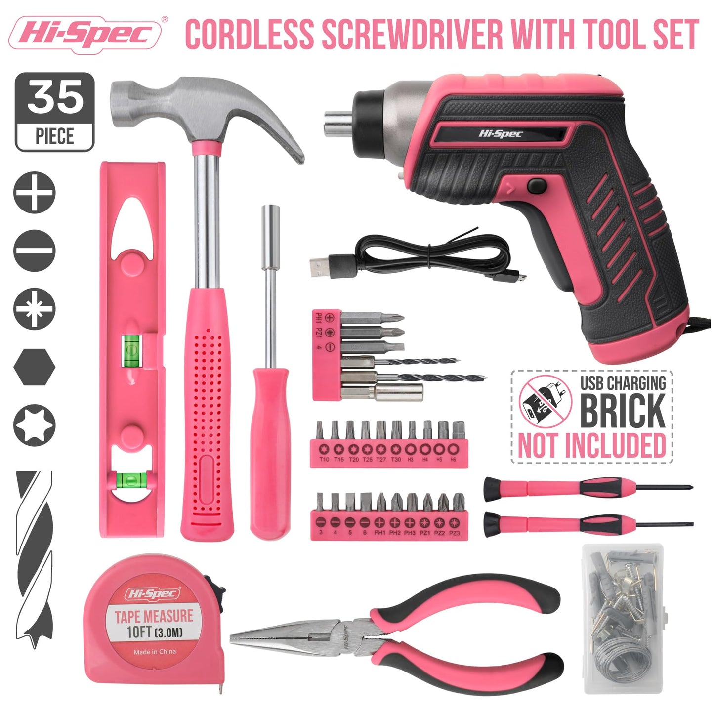 Hi-Spec 35pc Pink Womans Tool Kit Set with 3.6V USB Electric Power Cordless Screwdriver Compact for Home. Starter Basic Ladies Tools for Household DIY Repairs in a Small Toolbox
