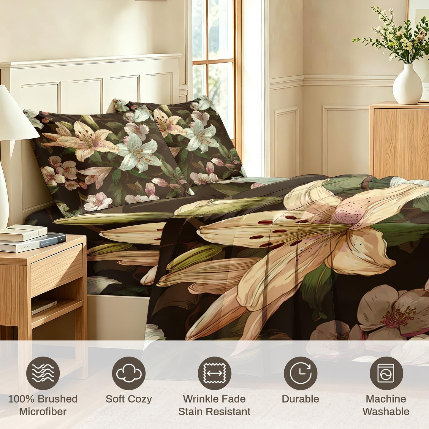 Lily Floral Sheet Set, 4 Pcs Queen Size Botanical Bed Sheets