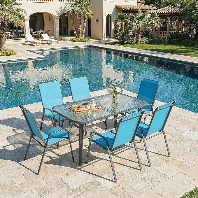 MAMIZO Patio Dining Chairs, Stackable All Weather Teslin Chair, Heavy Duty Outdoor Breathable Chairs Set, w/Armrests, Upgraded Chair FeetW/Strenthened Iron Spacers, 330 LBS (6, Turquoise Blue)