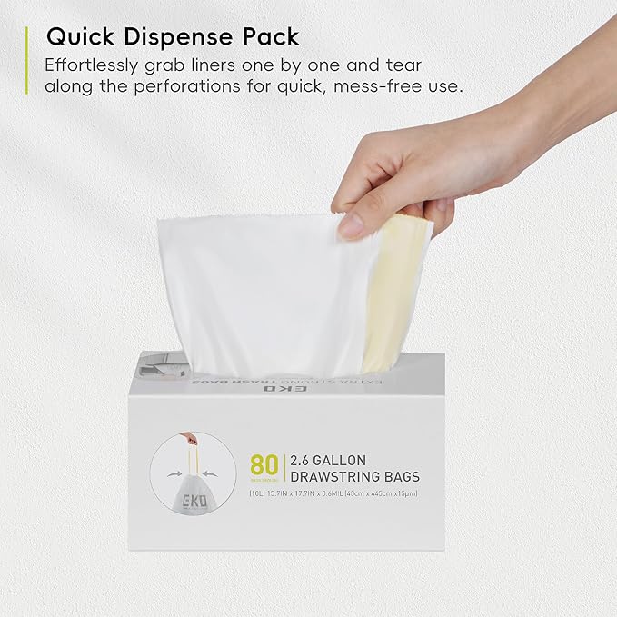 EKO 2.6 Gallon / 7-10 Liter, Extra-Strong Unscented Garbage Bags, Easy-Dispense