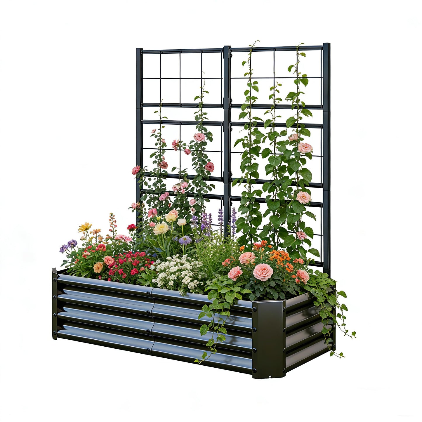 Galvanized Raised Garden Bed with Trellis for Climbing Plants Outdoor,Metal Vertical Garden Planter Box for Patio,Heavy Duty Elevated Garden Bed for Vegetables Tomatoes Cucumbers Flowers Herbs,Black