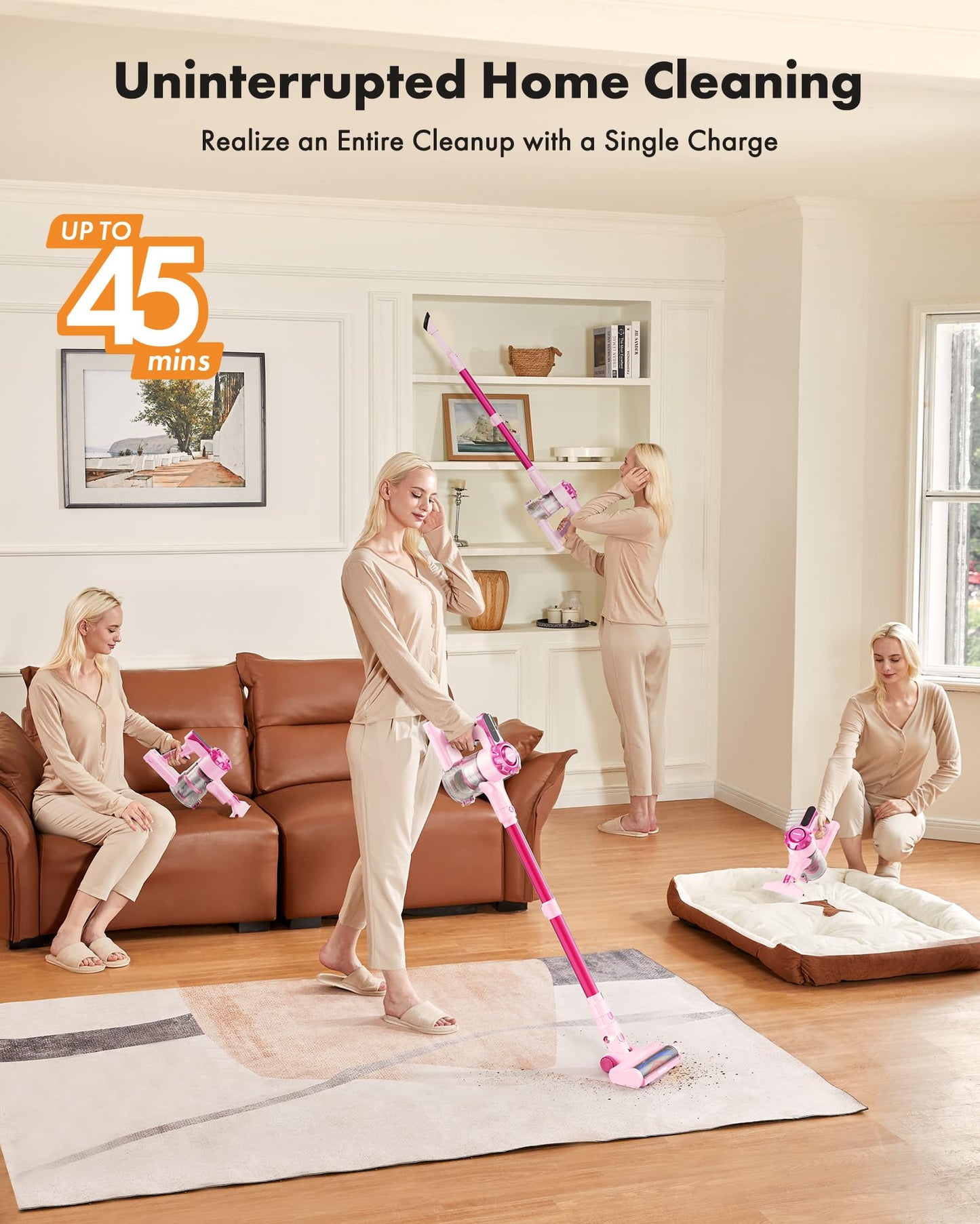 Trucozie Cordless Vacuum Cleaner, 8-in-1 Lightweight Stick Vacuum with 45mins Runtime, Powerful Suction, Rechargeable Cordless Vacuum for Carpet, Tile, Pet Hair, Hardwood Floors, Pink