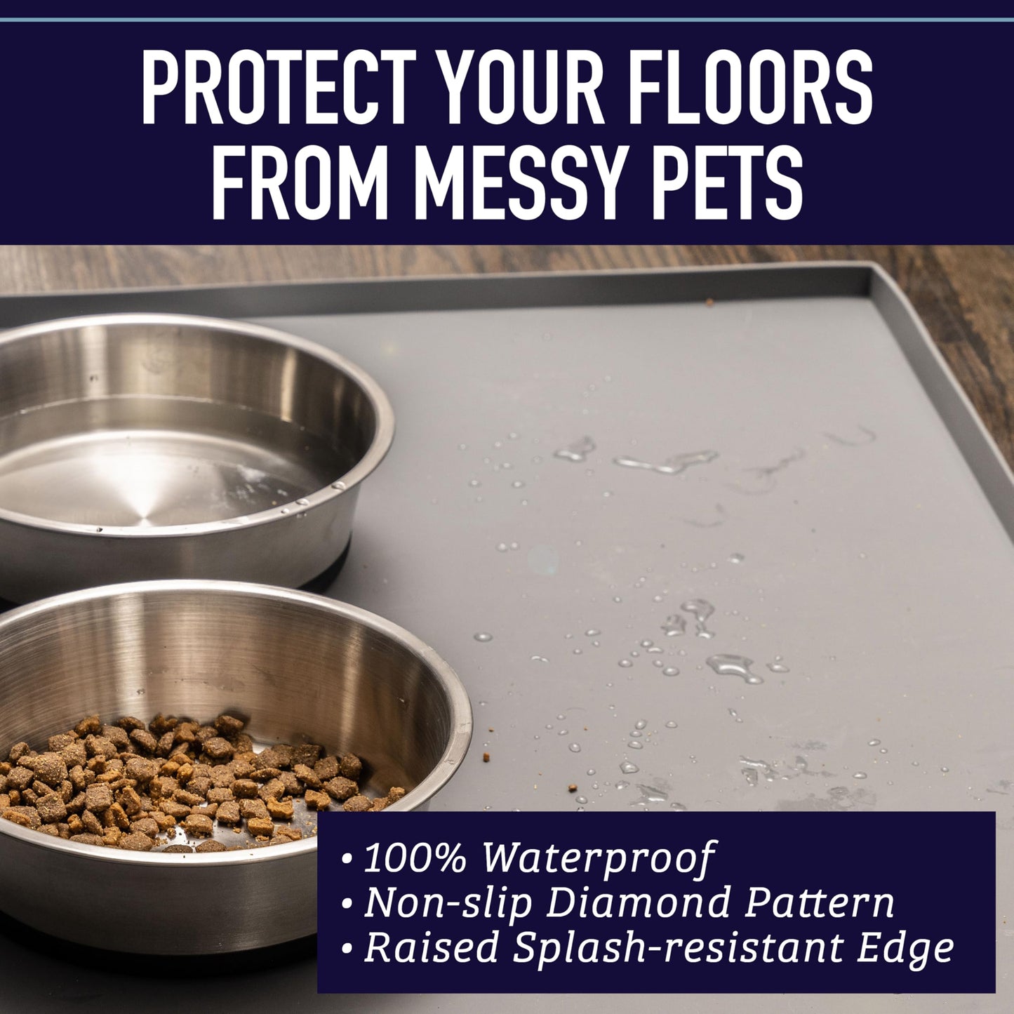 Leashboss Splash Mat M/L Dog Food Mat with Tall Lip, Dog Bowl Mat for Food and Water or Fountain, Non Slip Waterproof Silicone Pet Food Mat for Dogs and Cats (ML - 51 x 33 cm, Grey)