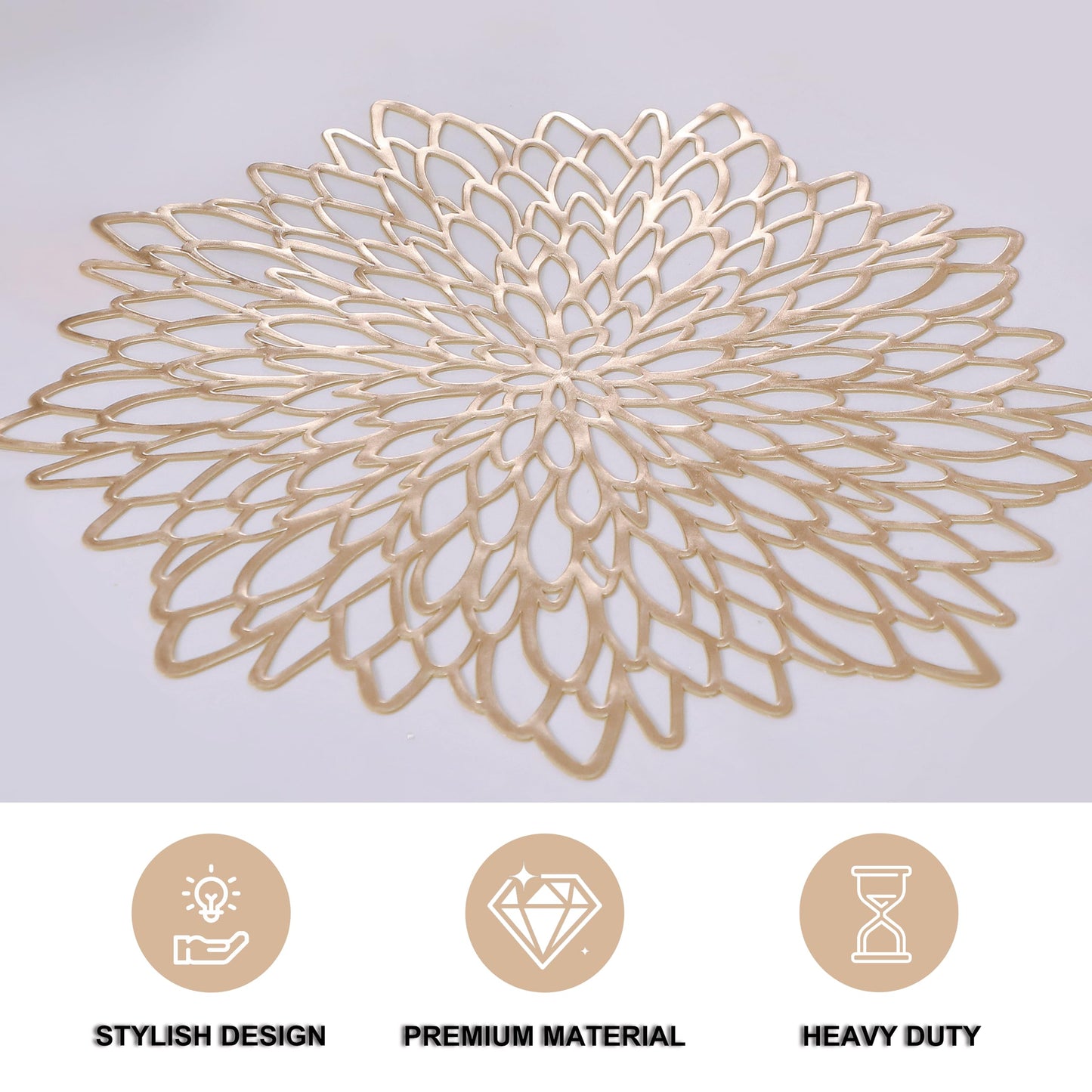 Snowkingdom Pack of 8 Gold Metallic Round Placemats Bulk Round Pressed Vinyl Leaf Dinning Kitchen Table Mats Decoration for Christmas Wedding Thanksgiving Party