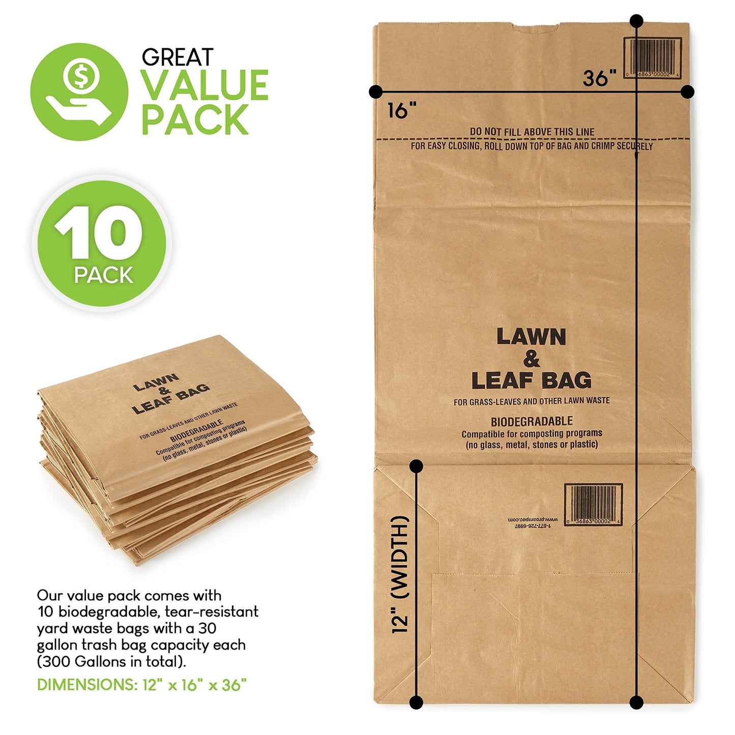 30 Gallon Kraft Lawn and Leaf Bags (10 Pack) Eco-Friendly Heavy Duty Large Paper Trash Bags, Made in the USA Tear Resistant Yard Waste Bags for Grass Clippings, Wet and Dry Leaves, Weeds, Twigs