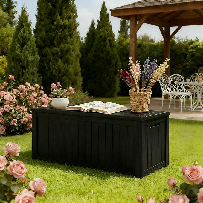 Outdoor Storage Box, Resin Deck Boxes Indoor and outdoor, Waterproof Storage Box Lockable Lid (Black,150 Gallon)