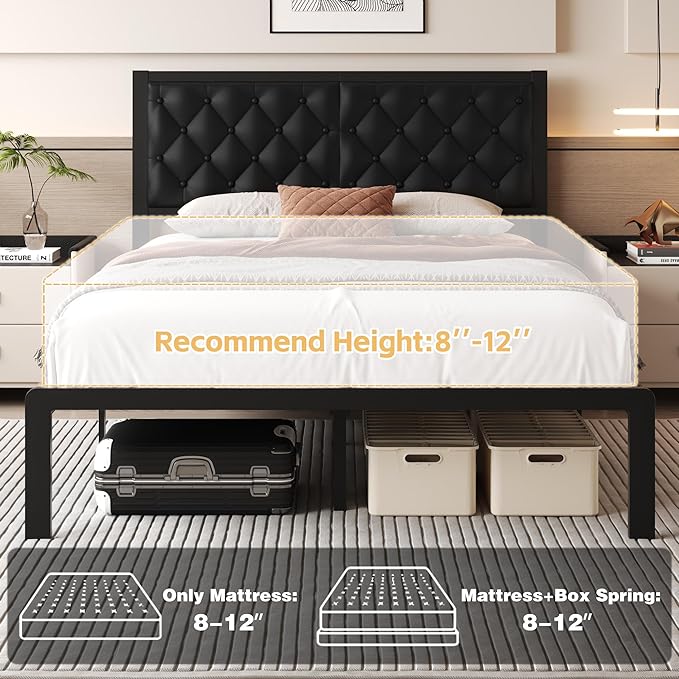 Fluest Queen Bed Frame with Headboard PU Leather Upholstered Bed Frame Platform