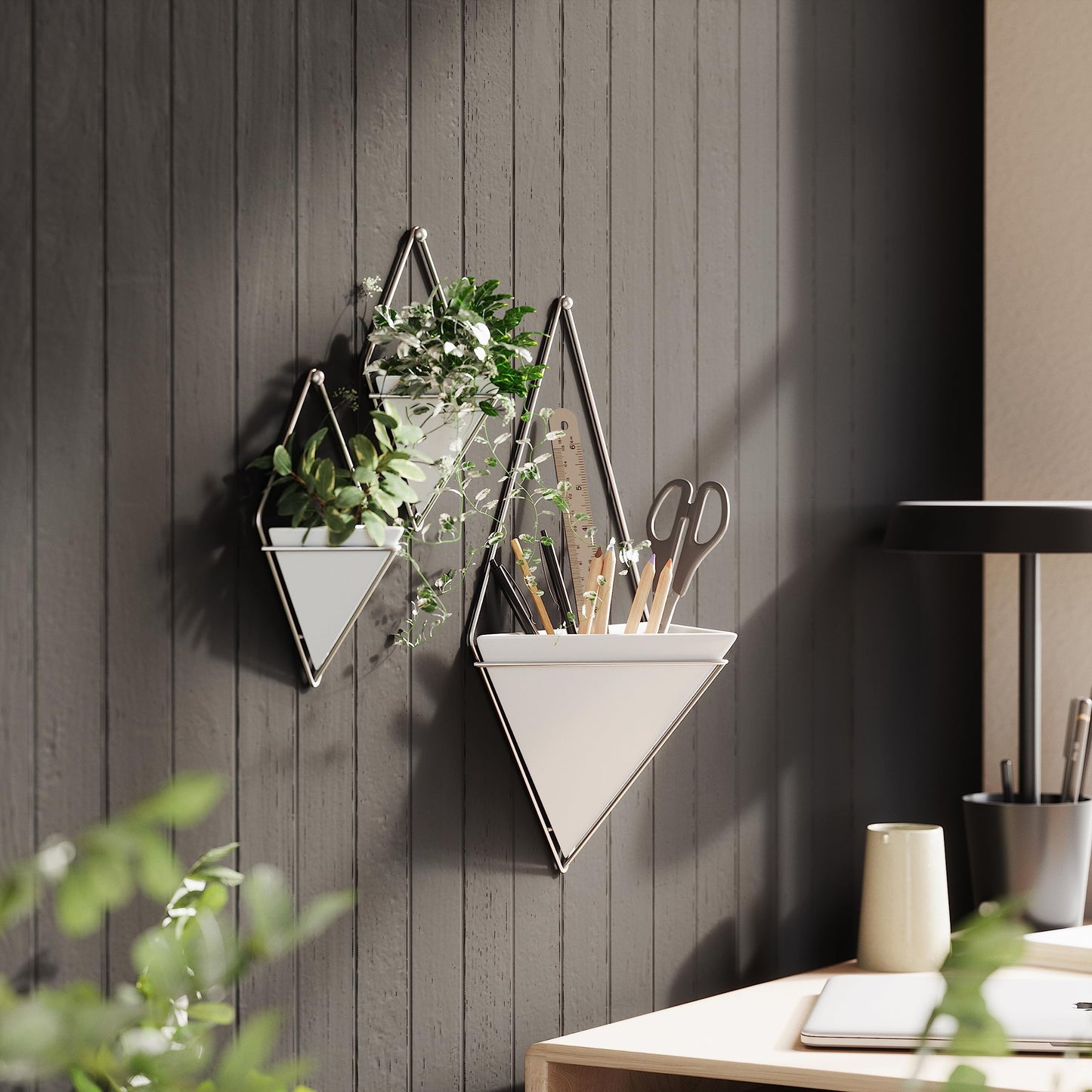 Umbra Trigg Hanging Planter Vase Wall Decor, Set of 2 Pots Containers for Succulents, Cactus, Faux Plants, and More, Small, White/Nickel