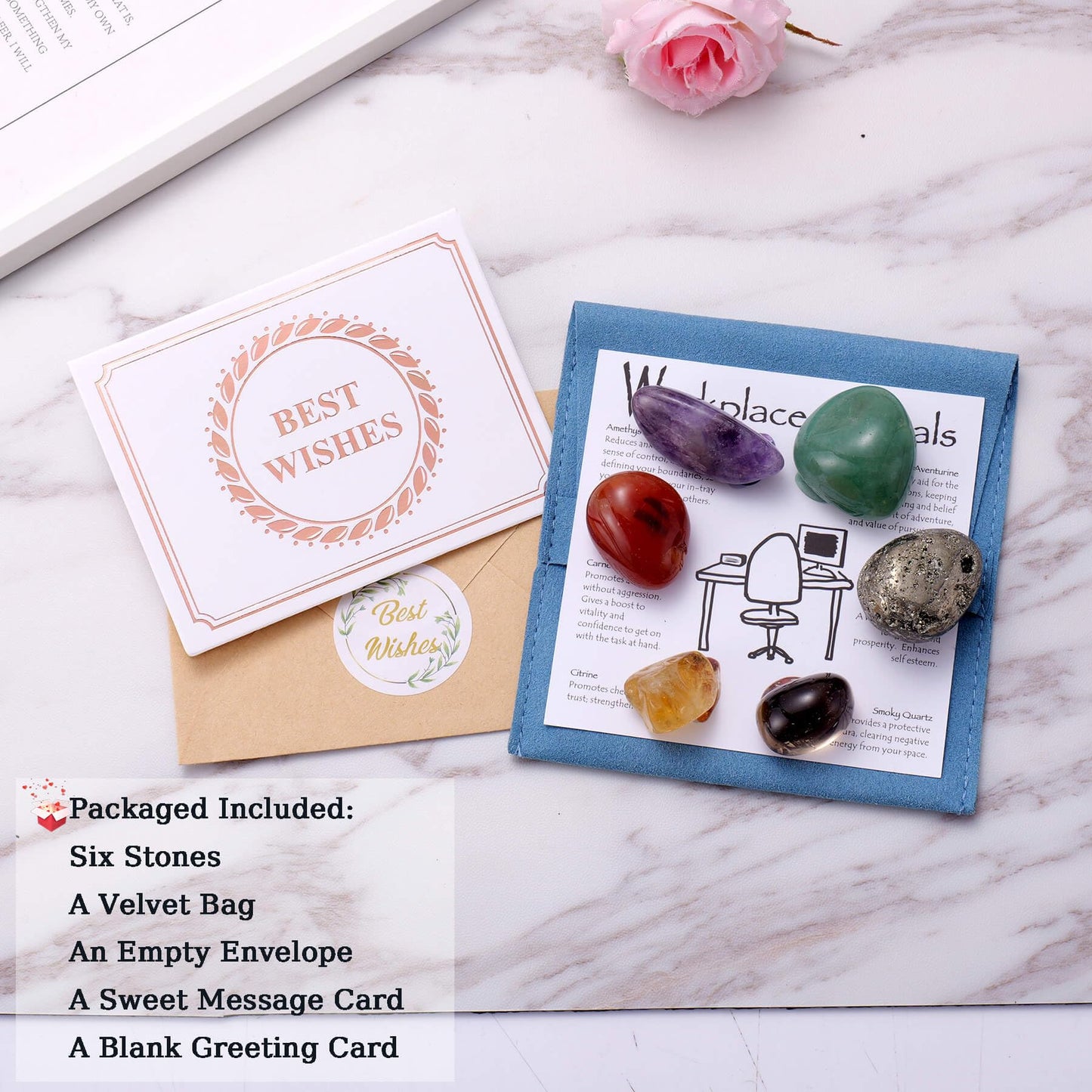 Workplace Crystals Set - 6PC Healing Protection Stones for Office Desk, Focus, Positive Energy, Stress Relief, Metaphysical Gifts for Friend Coworker Family, New Job Decor