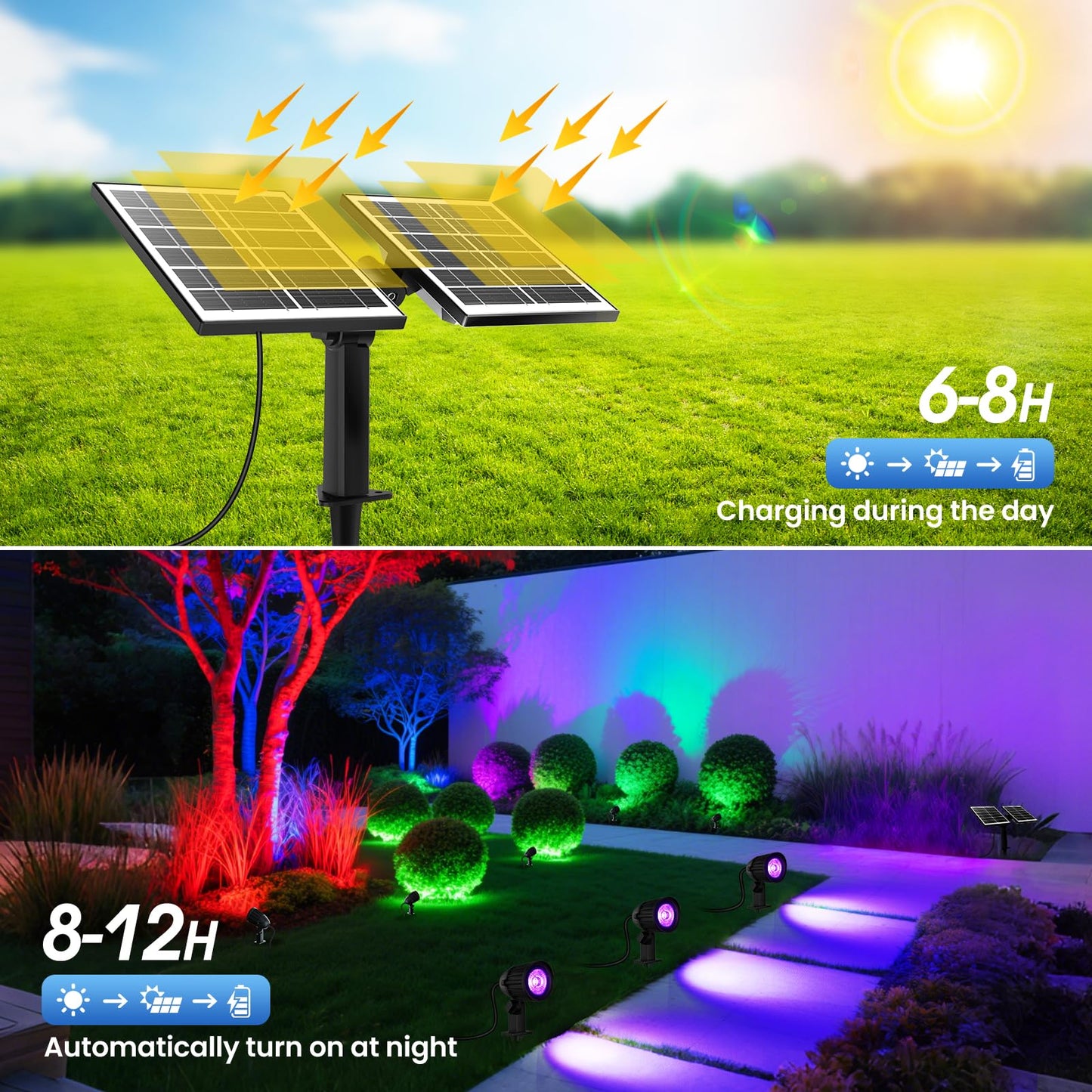 Linke Solar Spot Lights Outdoor Garden, 4 in 1 Colour Changing Led RGB Solar Powered Spotlights IP66 Spike Lights Remote Control Dusk to Dawn Landscape Spotlight for Yard Patio Lawn