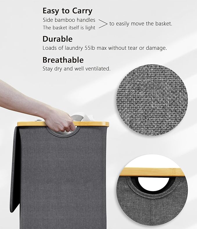 SUOCO Laundry Hamper with Lid, 29 Gal Clothes Basket with Bamboo Handles