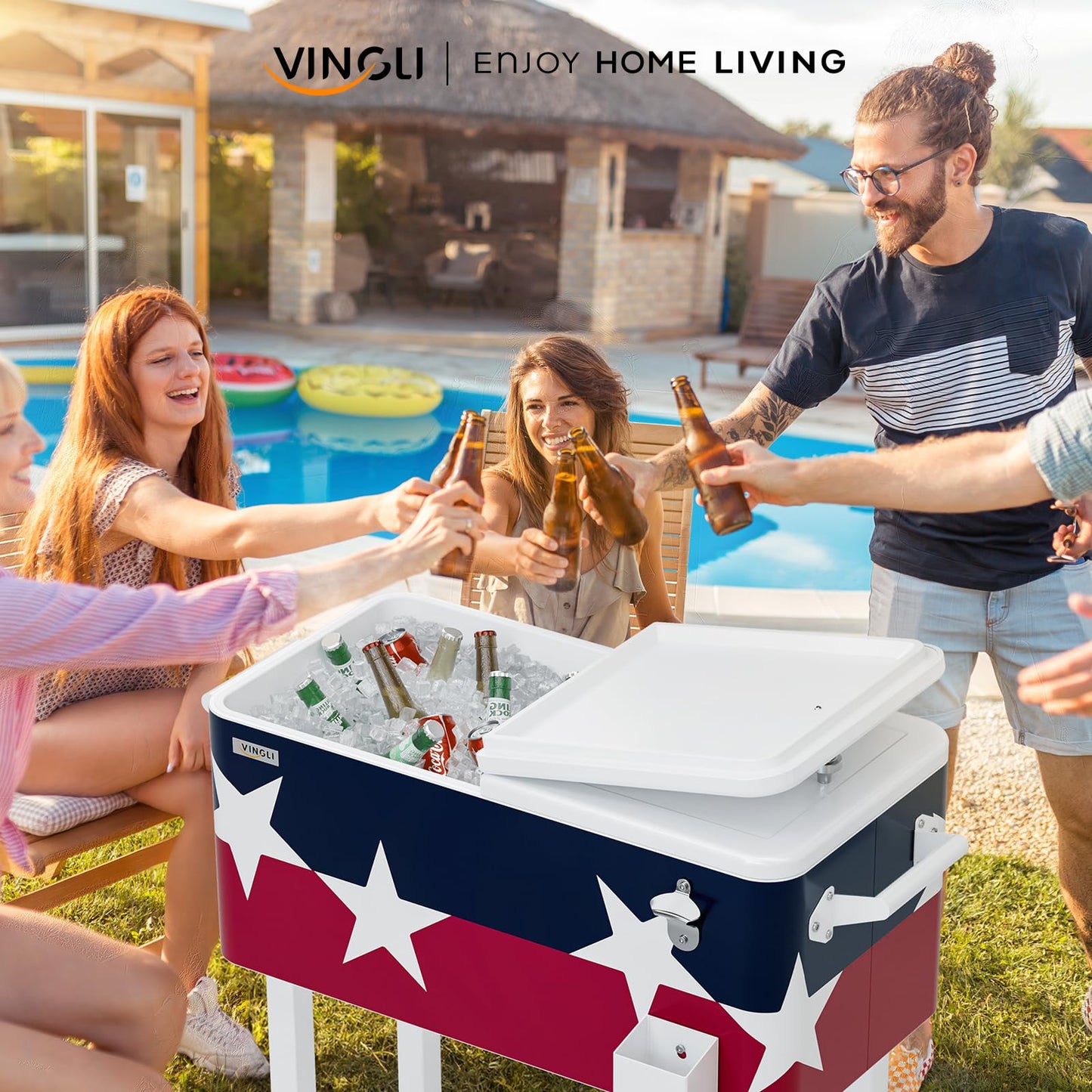 VINGLI 80 Quart Rolling Ice Chest, Portable Patio Party Bar Drink Cooler Cart, with Shelf, Beverage Pool with Bottle Opener (Red, White & Blue)