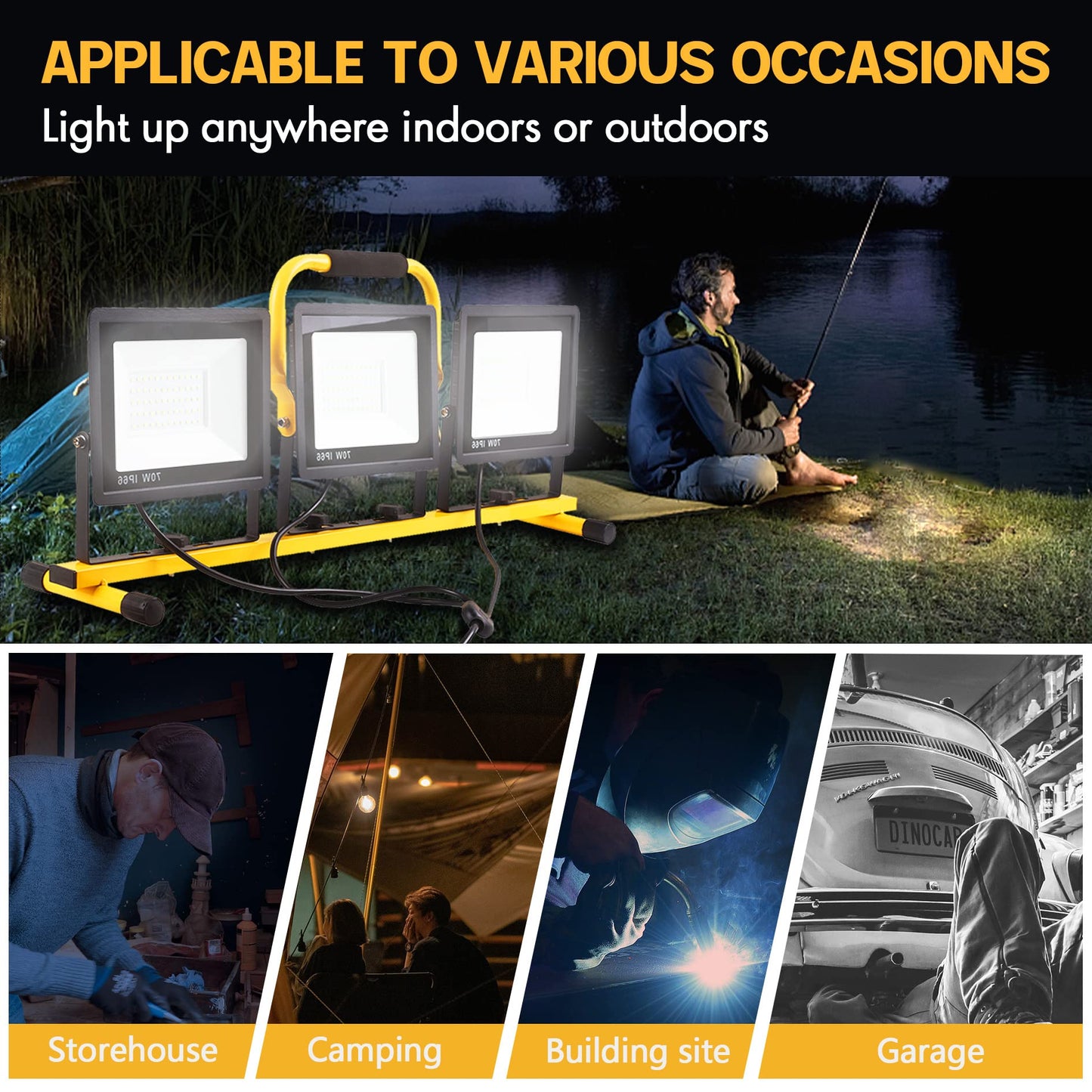 22000 Lumen Work Lights with Stand, 3 Adjustable Head LED Work Light, with Adjustable and Foldable Tripod Stand, Waterproof Lamp with Individual Switch with 6500 Kelvin Color Temperature 2Pack