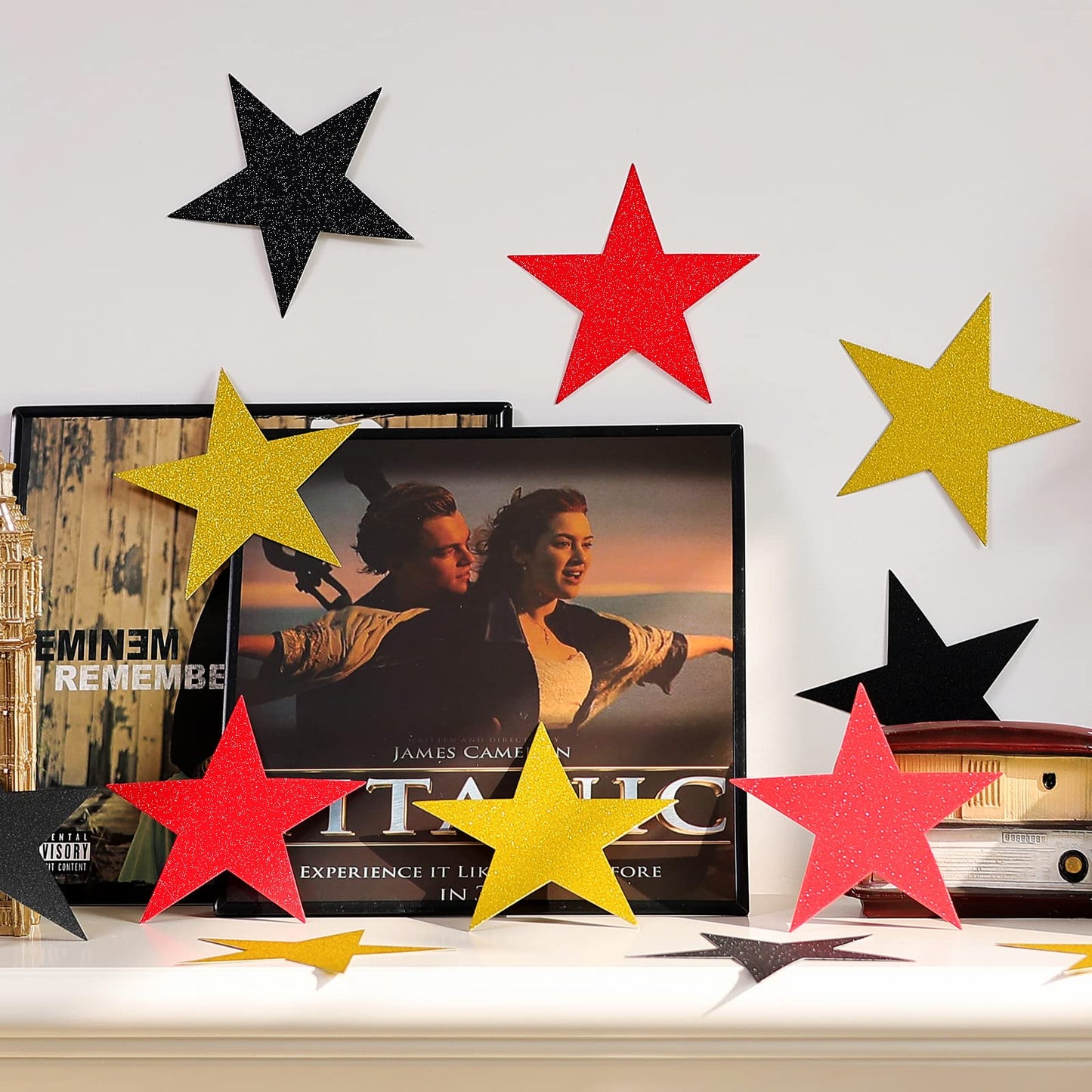 Gejoy 80 Pieces Glitter Stars Cutouts Gold Stars Decoration Double Printed Paper Star for Movie Night Bulletin Board Decoration Classroom Wall Graduation Party Decorations 6 Inches Black, Red, Gold
