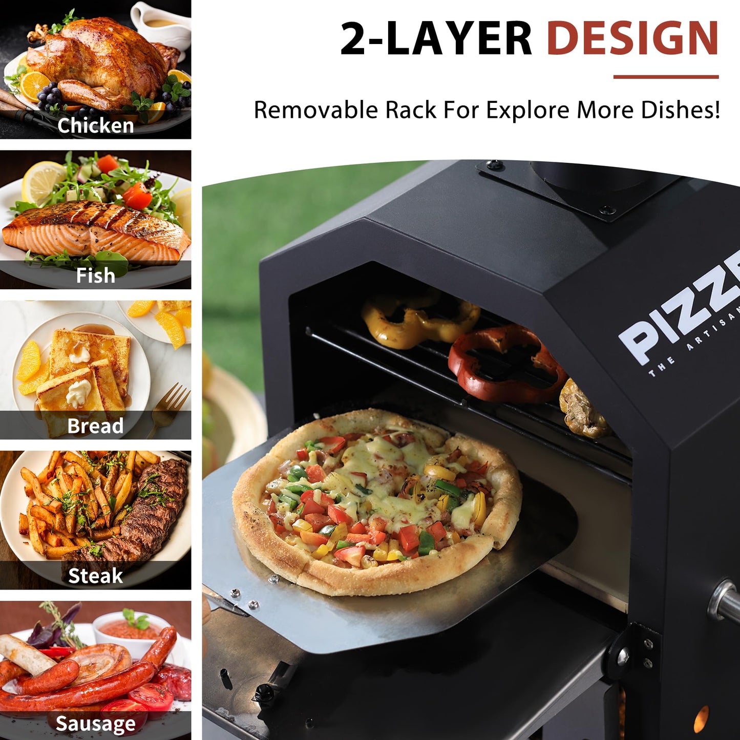 Pizzello Outdoor Pizza Oven Wood Fired 2-Layer Pizza Ovens 12" Outside Pizza Maker with Stone, Pizza Peel, Cover,Removable Cooking Rack for Camping Backyard BBQ (Black)