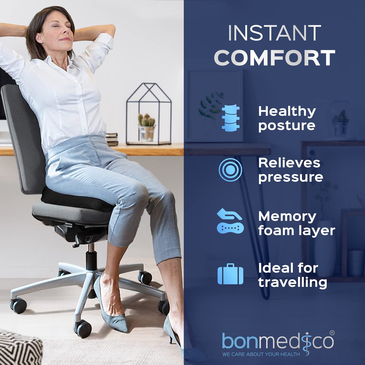 bonmedico Memory Foam Seat Cushion for Office Chair - Non-Slip, Seat Pads for Coccyx Pain Relief to Support Standing - Portable Car Seat Cushion w/Handle for Lower Back Support
