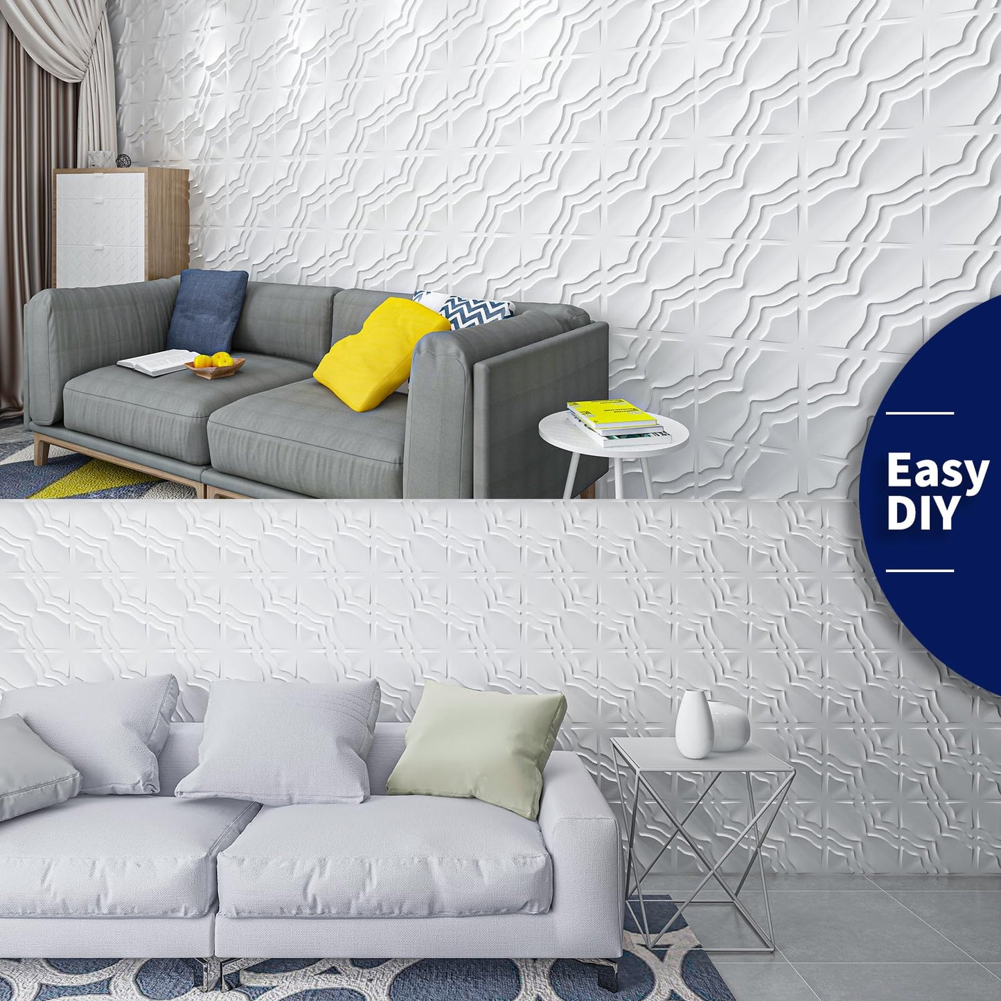 Art3dwallpanels 33 Pack 3D Wall Panel, 2 Different Effects PVC Textured Wall Panels for Interior Wall Décor, 12 x12 Inch Cover 32.Sq.Ft, White