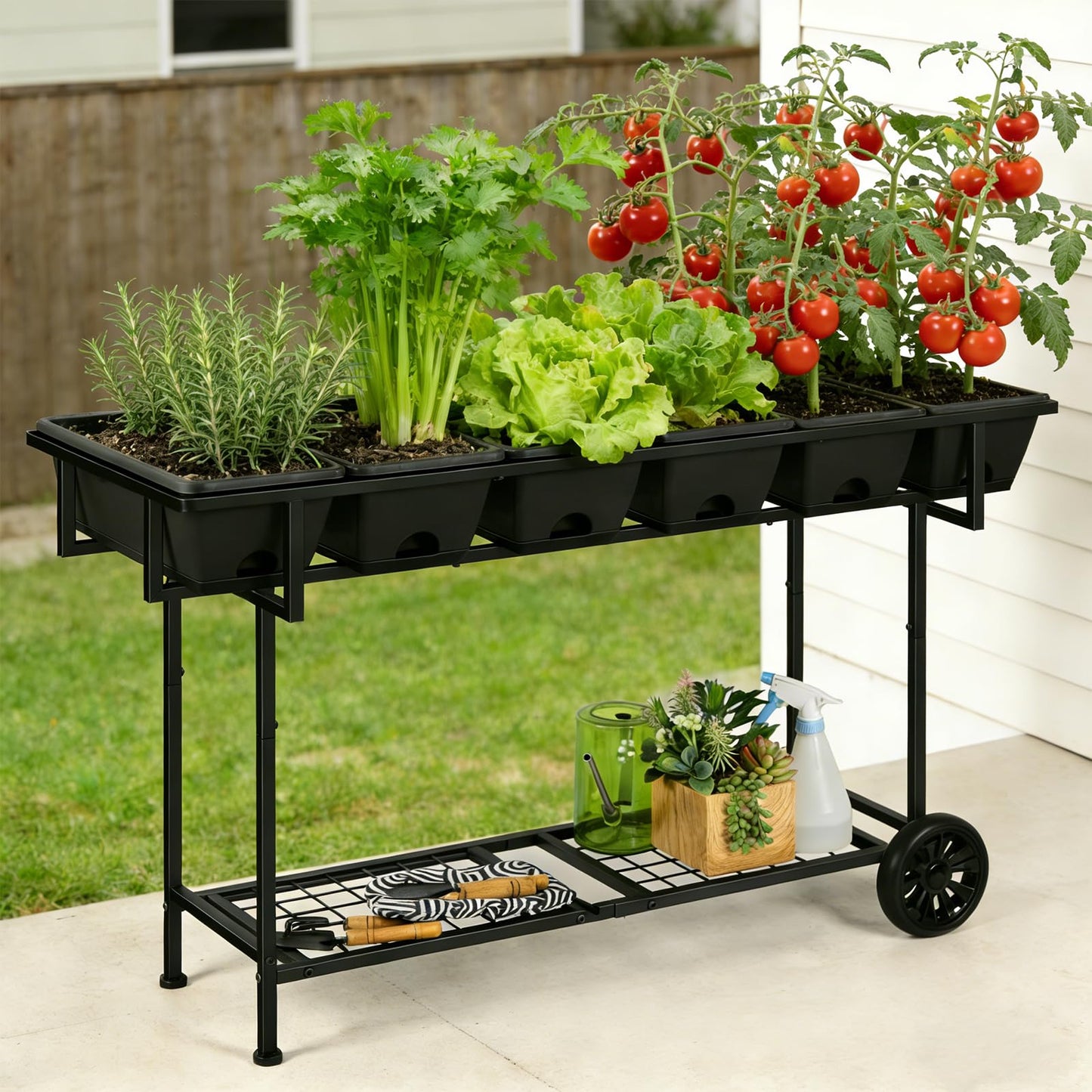 Vrisa Plastic Raised Garden Bed Outdoor with Legs 43x17x29 in Elevated Standing Planter Box with Storage Shelf and Wheels Vegetables Herbs Flowers Gardening Boxes for Backyard, Patio, Balcony, Black