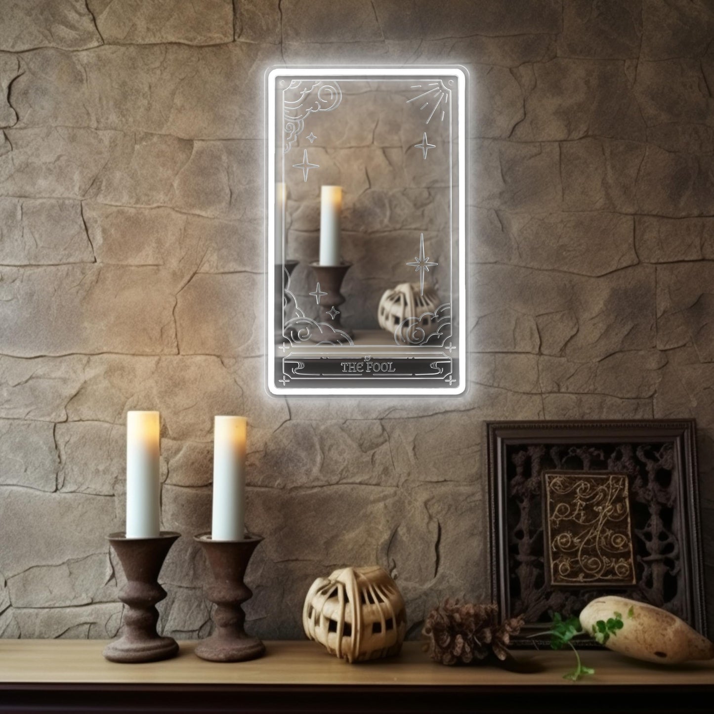 Kavaas Tarot Mirror Neon Sign - Cold White Mystical LED Neon Light for Occult Room Wall Decor, Witchy Art Spiritual Room Decor, Best Gifts for Fortune Teller, Tarot Enthusiast