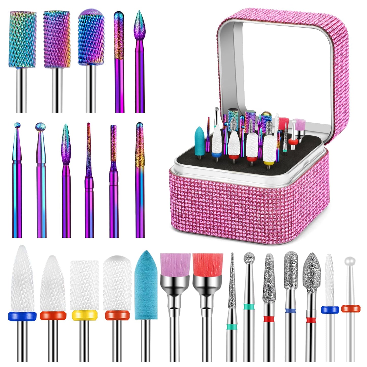Cellentool 25Pcs Nail Drill Bits Set with Storage Box, 3/32 Inch Tungsten Ceramic Diamond Carbide Nail Drill Bits for Acrylic Gel Polish, Cuticle Efile Remover for Manicure Pedicure