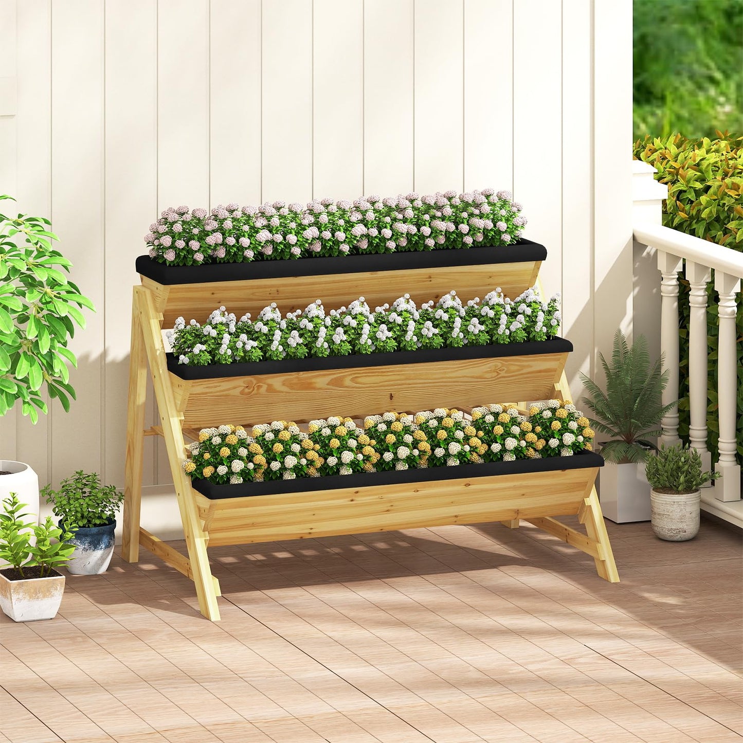 Giantex 3-Tier Vertical Raised Garden Bed, Wood Elevated Planter Box with Legs, Storage Shelf, Liners for Growing Vegetables Herbs Flowers, Indoor Outdoor Freestanding Raised Bed for Patio (Natural)
