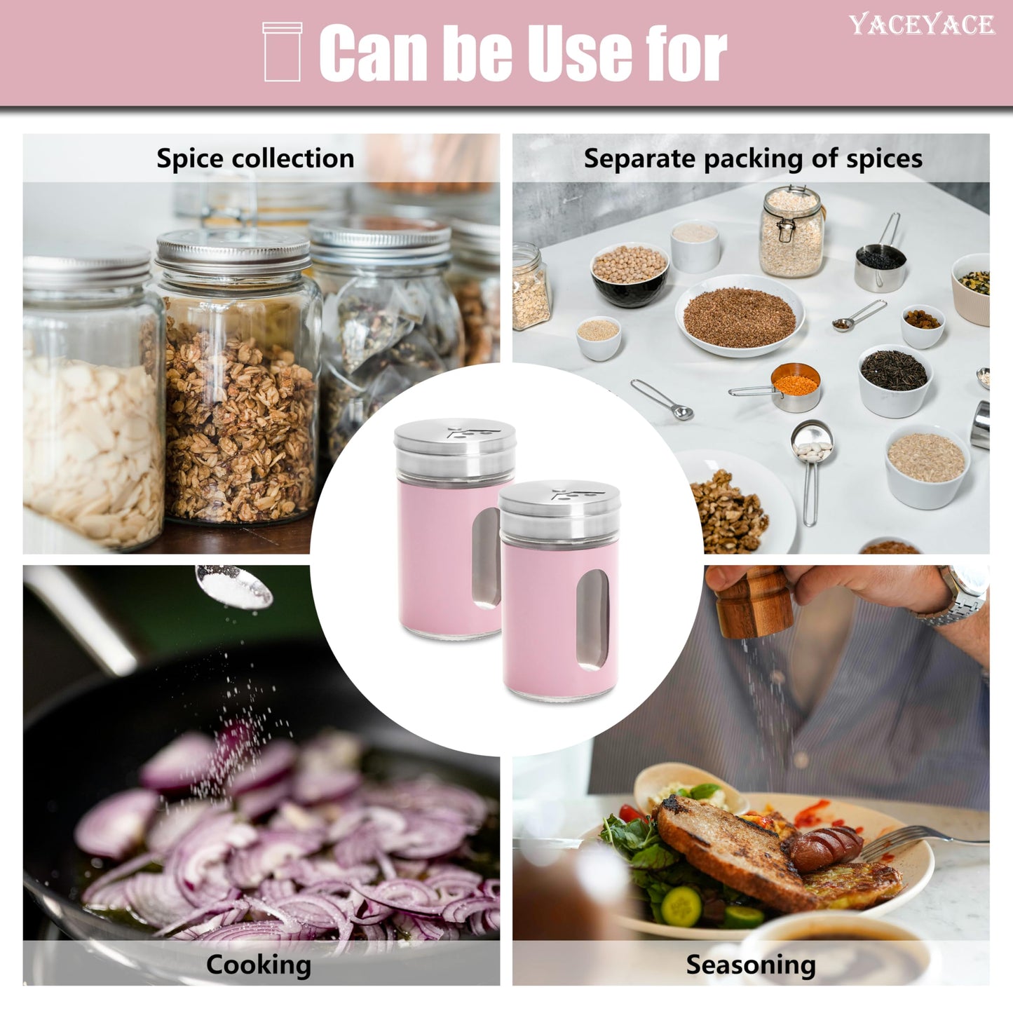 YACEYACE Salt Shakers for Kitchen, 6Pcs Modern Stainless Steel Shaker Set, Salt and Pepper Shakers with Holes, 3oz Pink Powder Sugar Shaker Suster