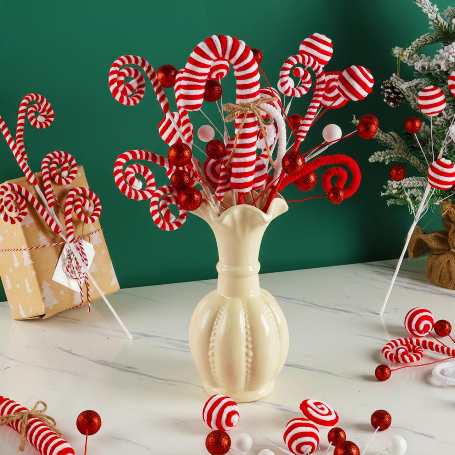 5pcs Candyland Christmas Tree Picks Candy Cane Tree Topper, Red and White Christmas Tree Decorations with Glitter, Curly Lollipop Candy Picks for Xmas Holiday Wreath Vase Party Decor