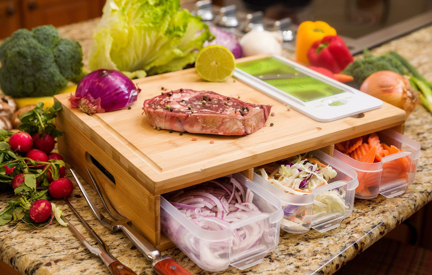 Bamboo Land- Large Bamboo Cutting Board with Containers, 6 Pcs Vegetable Slicers & Garters, Cutting Boards for Kitchen with Holder, Chopping Board, Wood Cutting Board with Storage