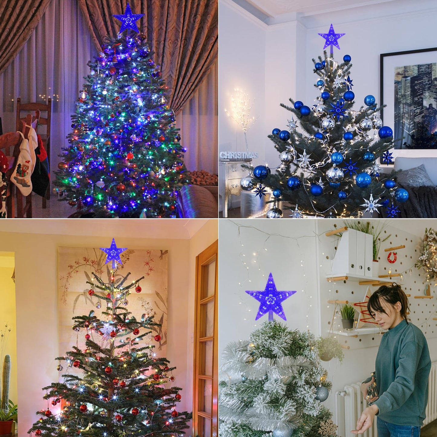 DERAYEE Christmas Tree Topper, 9 Inch Lighted Xmas Star Tree Topper Battery Operated Treetop for Christmas Tree Decorations Indoor Home Décor (6H Timer, Blue Lights)