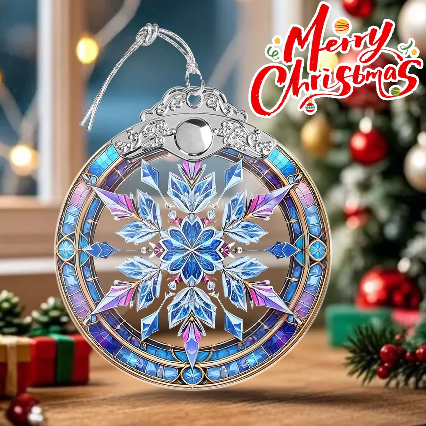 Stained Glass Snowflake Ornament, Snowflake Christmas Tree Ornaments Xmas Decorations, Holiday and Xmas Presents