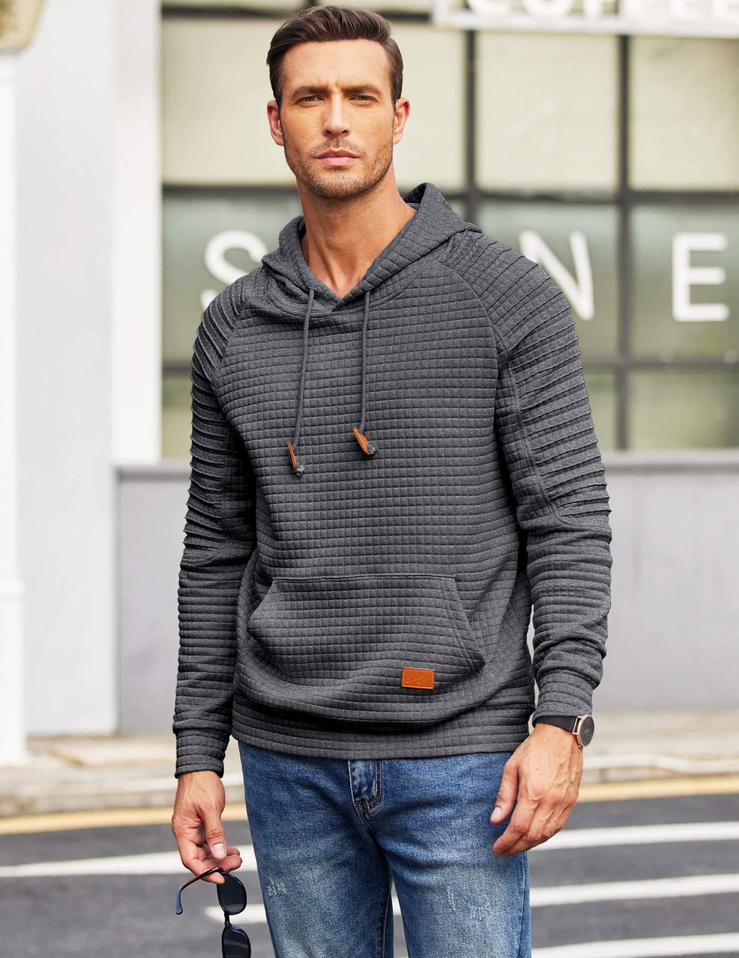 COOFANDY Mens Winter Sweatshirt Slim Fit Long Sleeve Knit Drawstring Hoodies for Men with Kanga Pocket, Dark Grey, 3X-Large