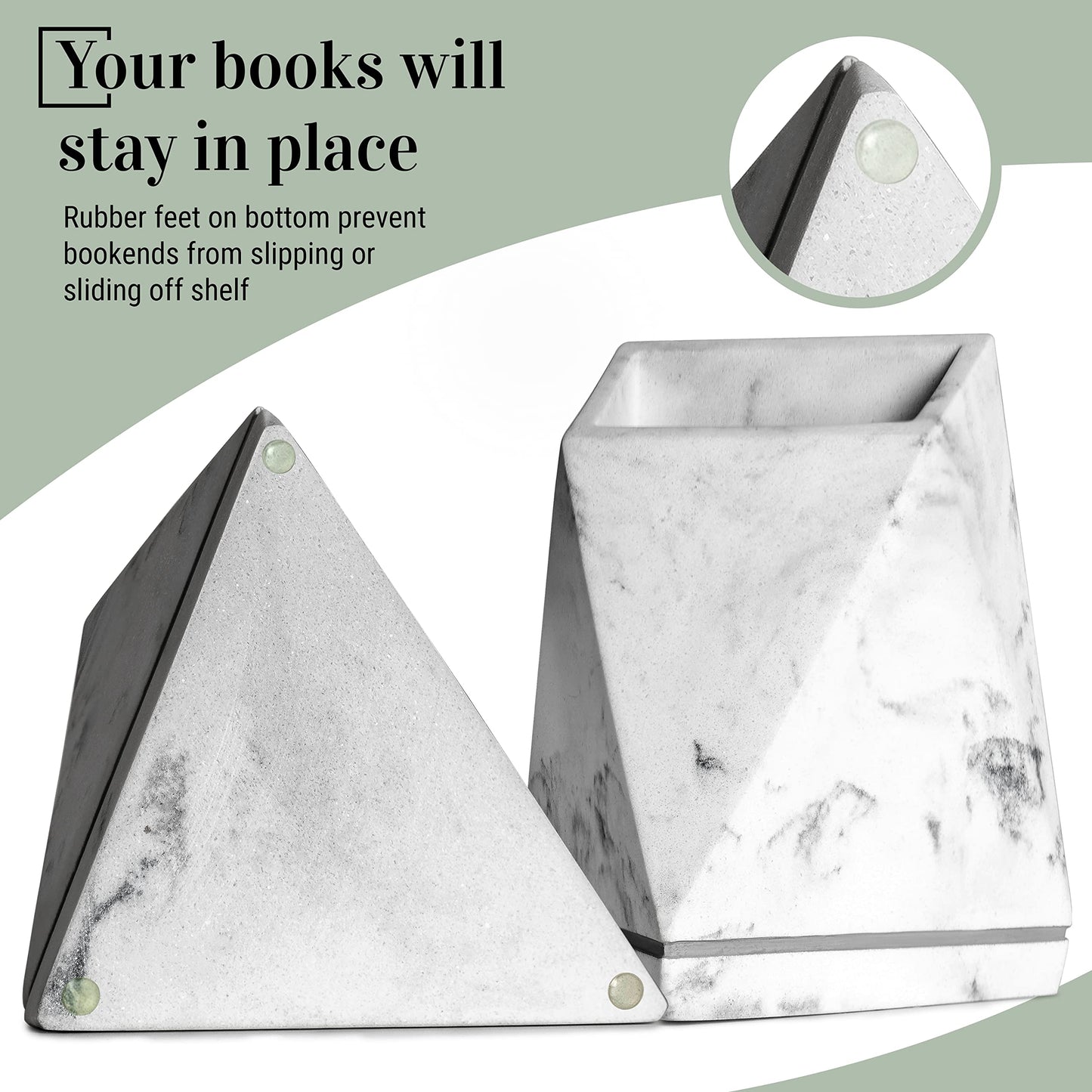 BDECOR Marble Style Bookends - Decorative, Heavy Duty Book Holder for Shelves, Non Skid, Unique Design (White)