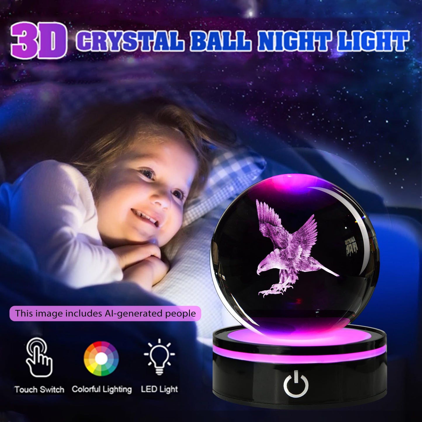 QIANCHANG 3D Eagle Crystal Ball with LED Stand, 80mm Glass Sphere Night Light Lamp, Eagle Statue Gifts for Men Women Kids