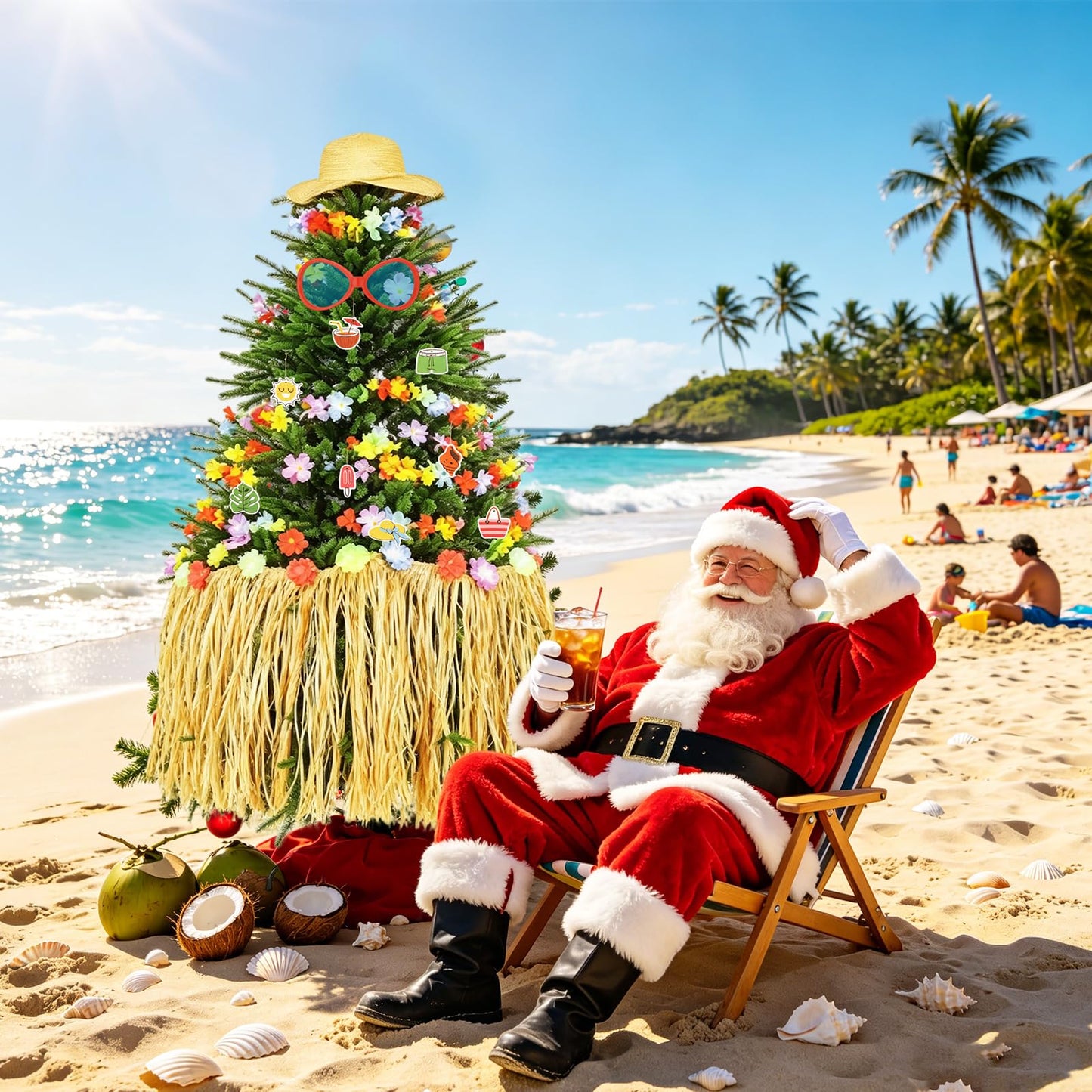12Pcs Summer Christmas Tree Decorations Include Tassel Grass Skirt Oversized Sunglasses Beach Hat Flower Banner and Summer Tree Hanging Ornaments for Christmas in July Hawaiian Beach Party Supplies