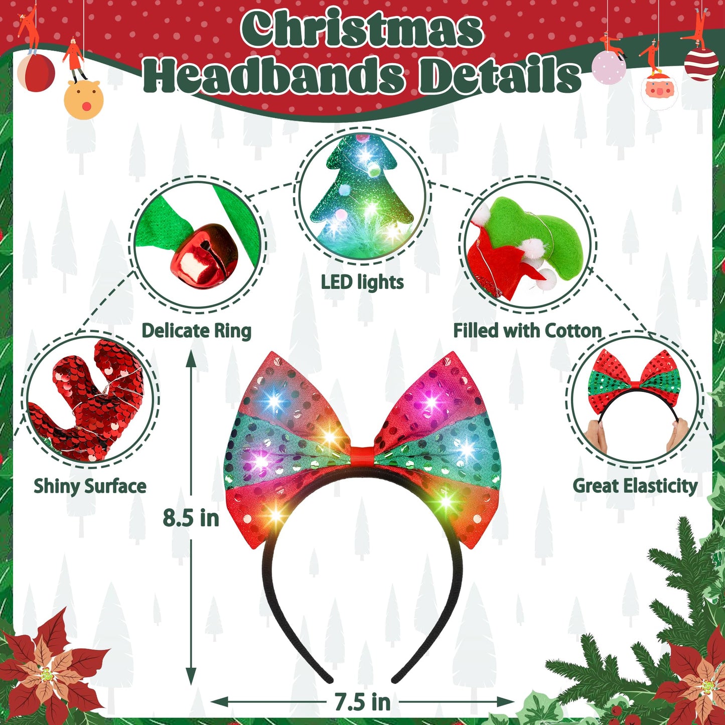 HOVACY Christmas 6 PCS LED Light Up Headband, Reindeer Antler Santa Hat Christmas Tree Leprechaun Hat Bow Hair Hoop for Xmas Holiday Party Favors Adults Women