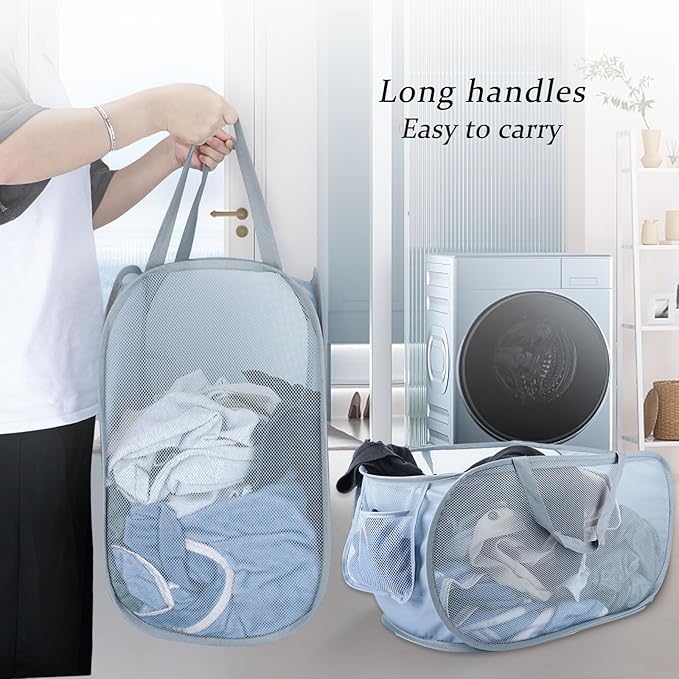 Extra Large Mesh Pop Up Laundry Hamper 2 Pack, 100L Foldable Laundry Baskets
